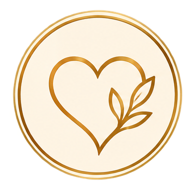 Gold heart with a small branch with leaves inside a circular gold frame