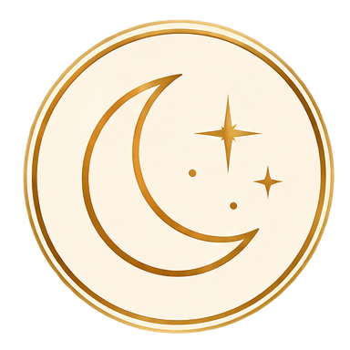 A circular emblem with a gold border featuring a crescent moon and three stars inside.