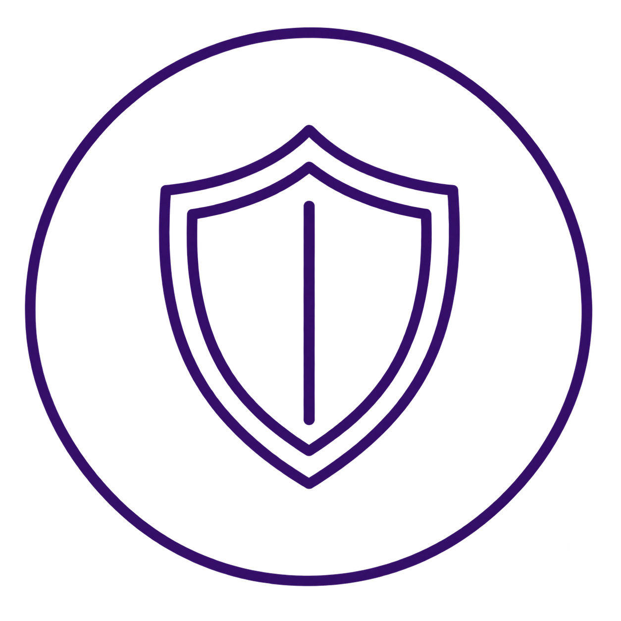 A circular icon with a purple outline of a shield.