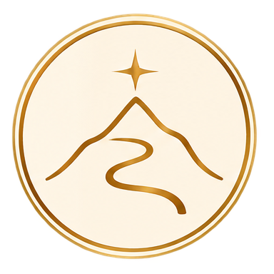A circular logo featuring a stylized mountain, a winding path, and a star above the mountain.