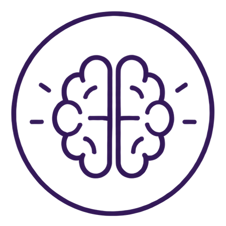 An outlined illustration of a brain inside a circle, with glowing lines around it.