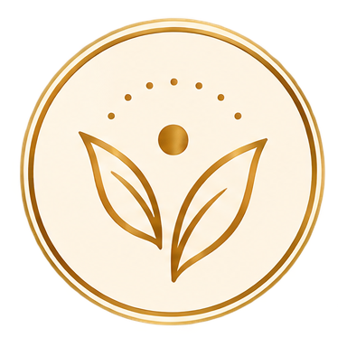 Gold emblem with a central circle, small dots around it, and a stylized leaf design in the center.
