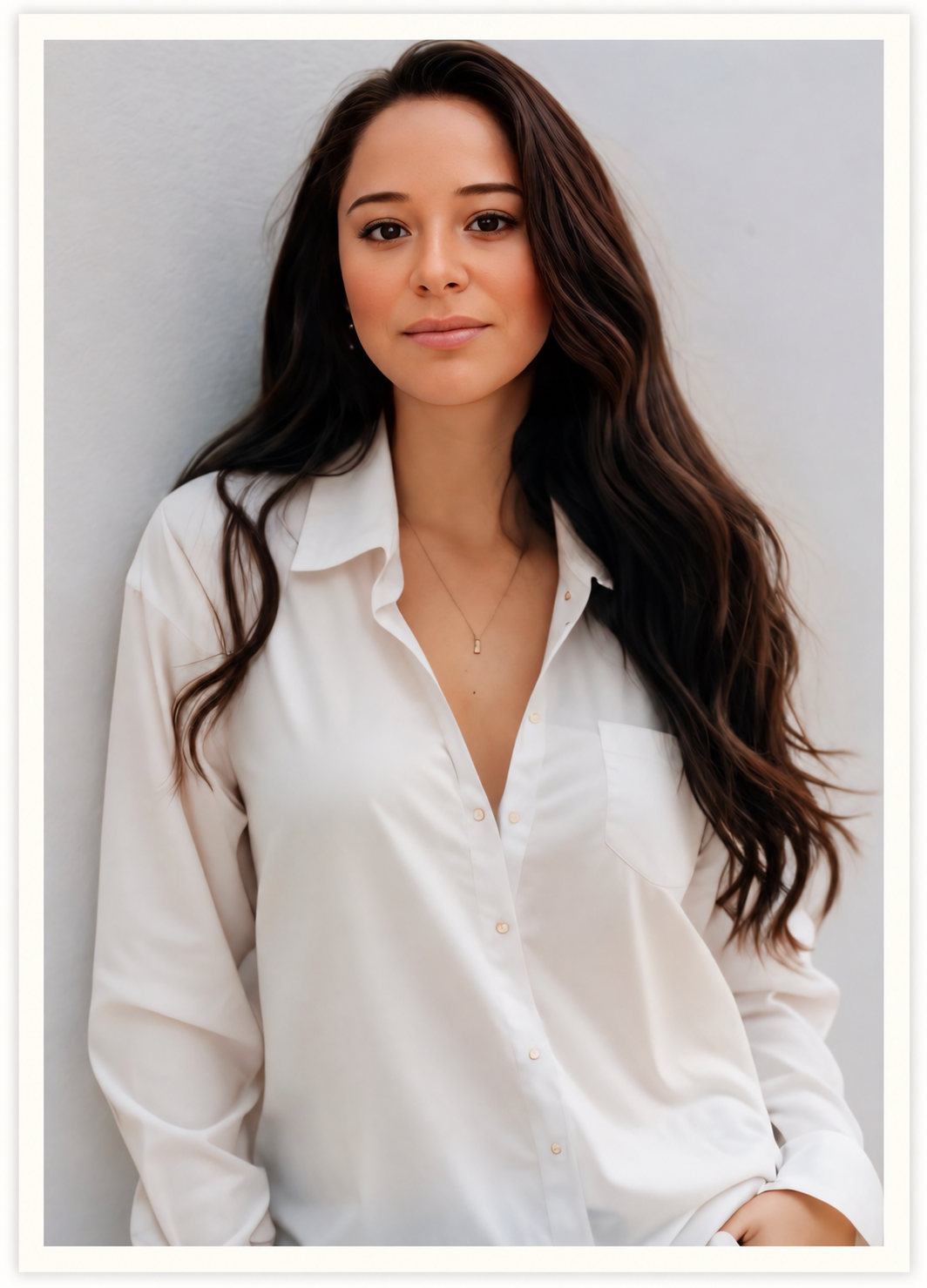 A young woman with long wavy brown hair, wearing a white button-up shirt with the top buttons undone, standing against a plain white wall.