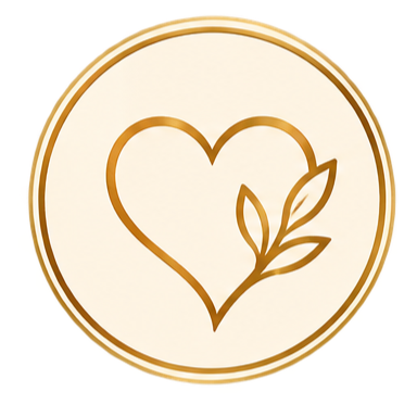 A circular logo featuring a gold line drawing of a heart with a small branch and leaves inside, on a white background with a gold border.