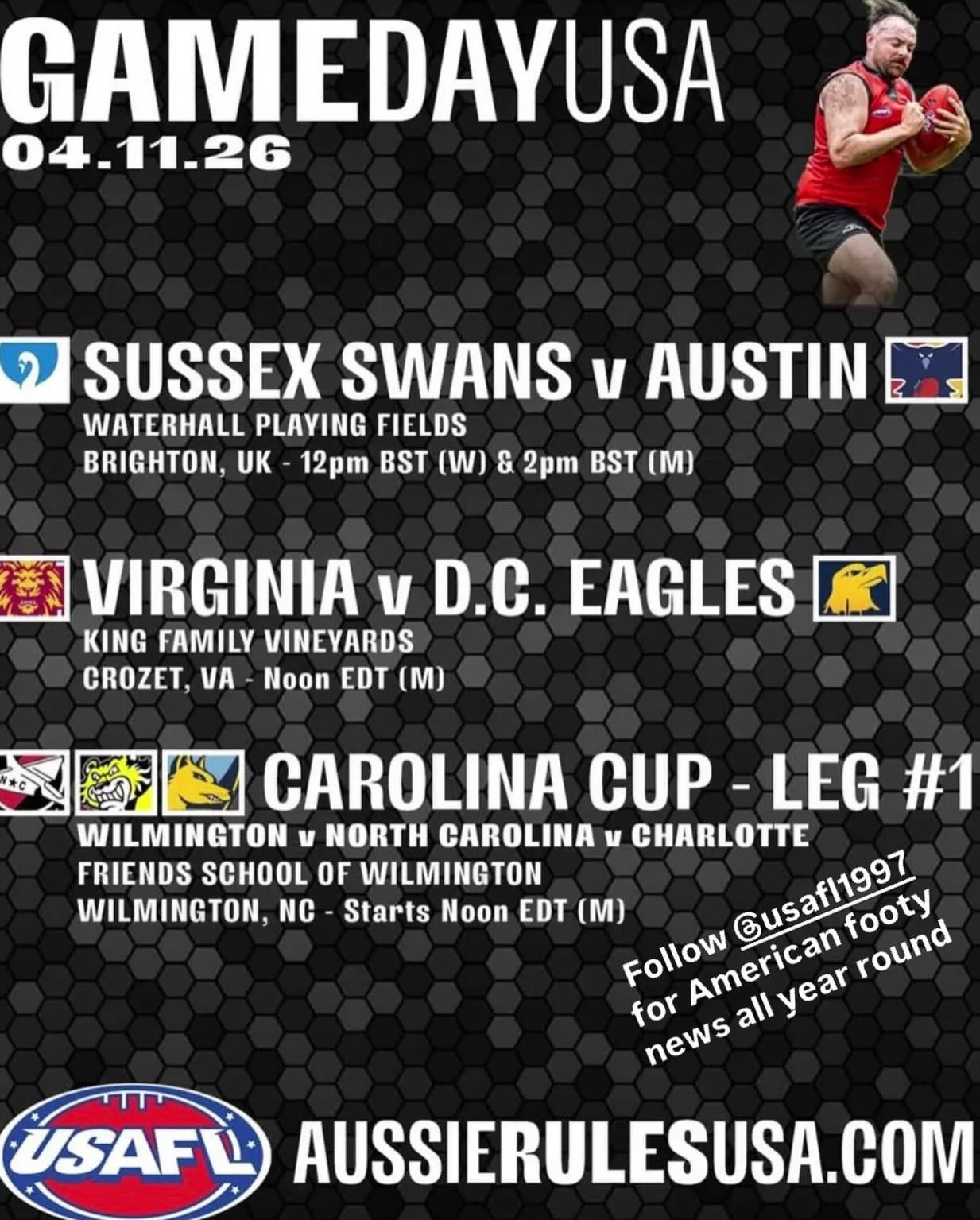 Follow @usafl1997 for the best American footy news all year round, including these regional match-ups across the country. Good speed to all the teams today!