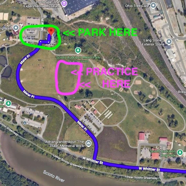 Spring trainings have sprung. Join us Thursdays, 6-8p at the Scioto Audubon Metro Park. You'll find us on the left/East as you approach the fields from the parking lots to the North. Don't be fooled by the scrums West of us where there's often rugby 