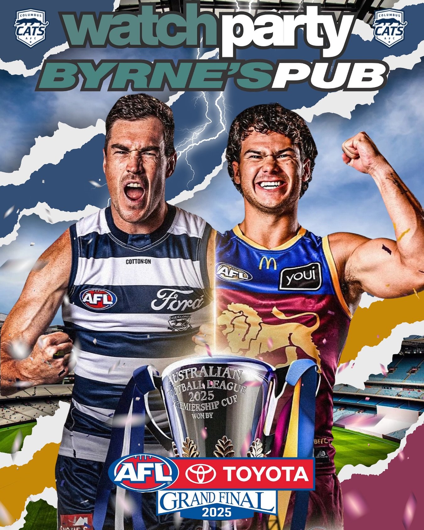 🏆 GRAND FINAL NIGHT 🏆
The biggest game of the AFL season is here!

📍 Byrne&rsquo;s Pub. 1248 W 3rd Ave, Columbus, OH 43212
🍻 Party kicks off 10PM TONIGHT
🏉 First bounce 12:30AM EDT

Join the Columbus Cats and watch history go down! 💙🤍🐾

#AFLG