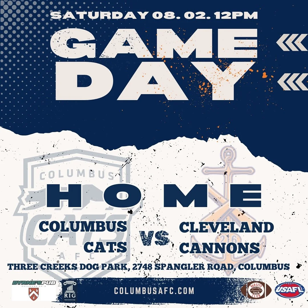 The Columbus Cats are back on home turf and ready to roar as we take on the Cleveland Cannons TODAY at Three Creeks Dog Park, Sycamore Fields.
Bring your mates, your energy, and maybe even your pup because it&rsquo;s set to be a big day of footy in t