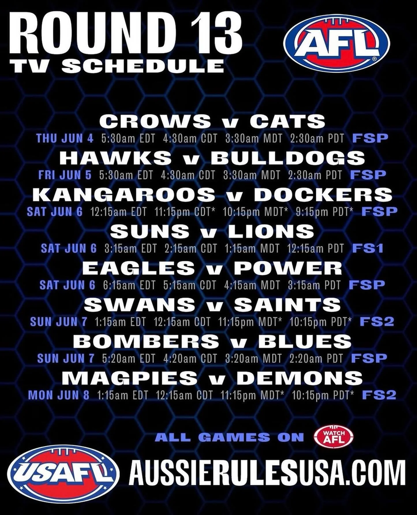 Catch the best @afl matches on @foxsports 1, 2 and + this weekend or with your @watchafl subscription. Kudos to @usafl1997 for these great graphic lineups! 

#AussieRules