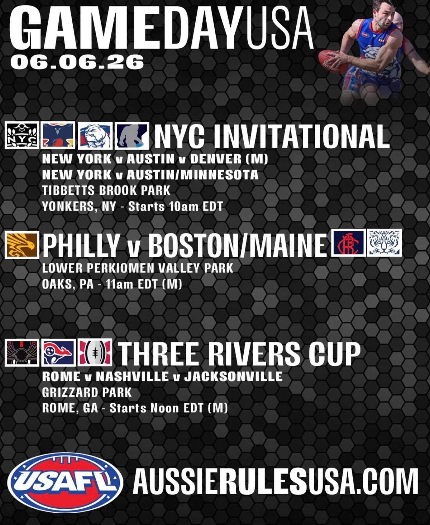 Upcoming games from around the @usafl1997 league. Some of the best amateur footy anywhere on the planet 💥⚡️💯🇦🇺💪⭐️🇺🇸✨🤯