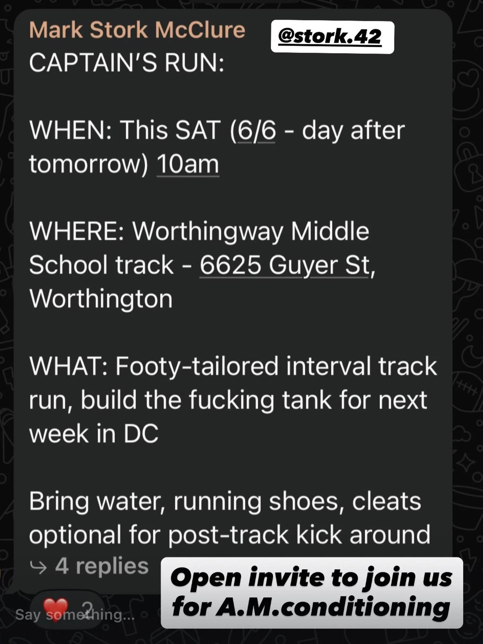 Join us today, 10am, Captain&rsquo;s run call by Skipper @stork.42 at Worthingway Middle School