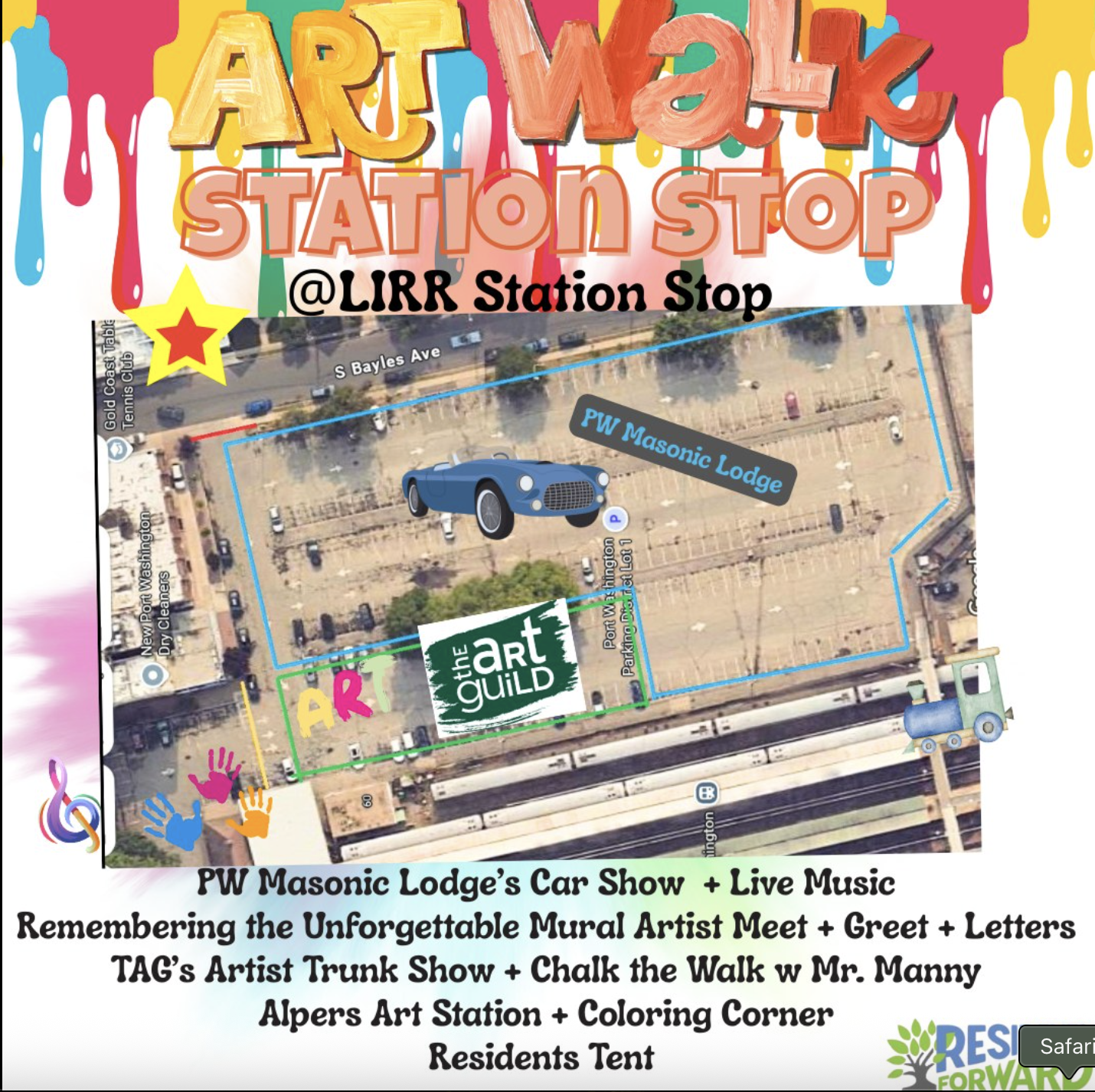 Event poster for Art Walk at LWIR Station Stop, featuring a map, colorful text, and illustrations of cars, a truck, and childrens hands. Details about car shows, live music, mural artist meet and greet, and kids' activities are listed.
