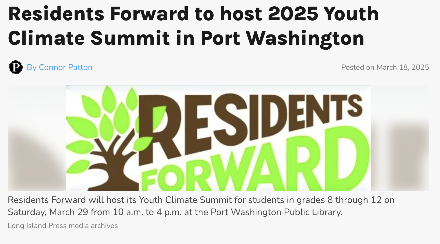 Residents Forward to host 2025 Youth Climate Summit in Port Washington