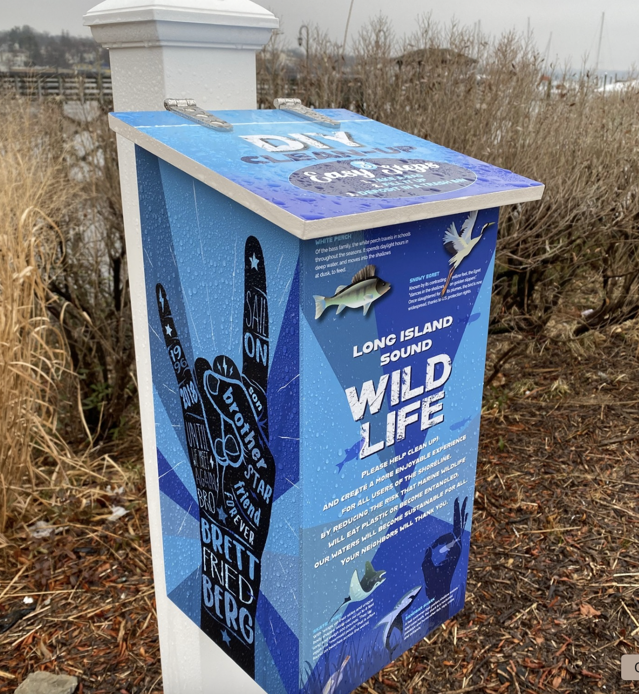 A blue educational box with illustrations of fish, a bird, a hand with words, and text about Long Island Sound wildlife, set outdoors on a post near leafless bushes and a cloudy sky.