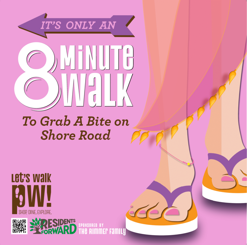 Pink poster promoting an 8-minute walk to Shore Road, featuring a cartoon illustration of legs wearing sandals, an arrow with the text "It's only an 8-minute walk," and logos for Resident Forward and The Rimmer Family.