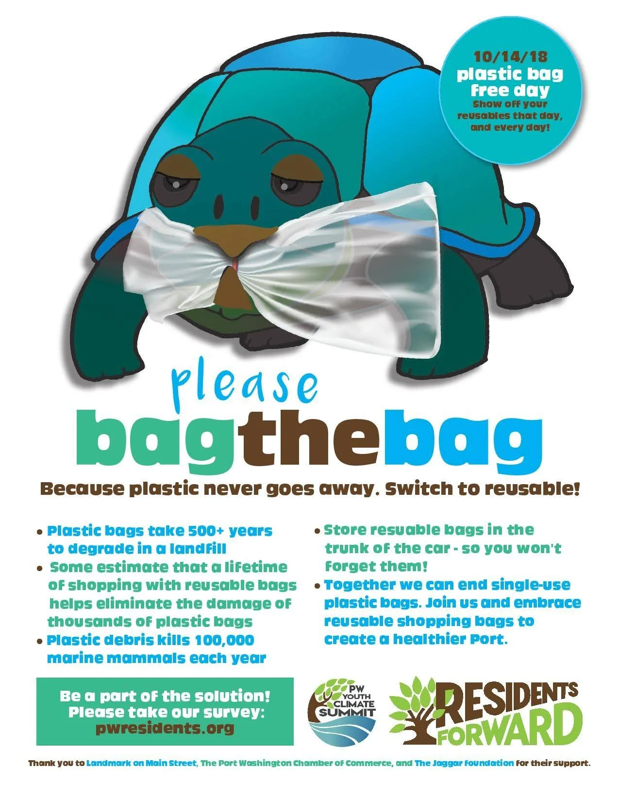 Flyer advocating for reusable shopping bags featuring a cartoon turtle with a plastic bag over its mouth, and text promoting plastic bag free day on October 14, 2018.