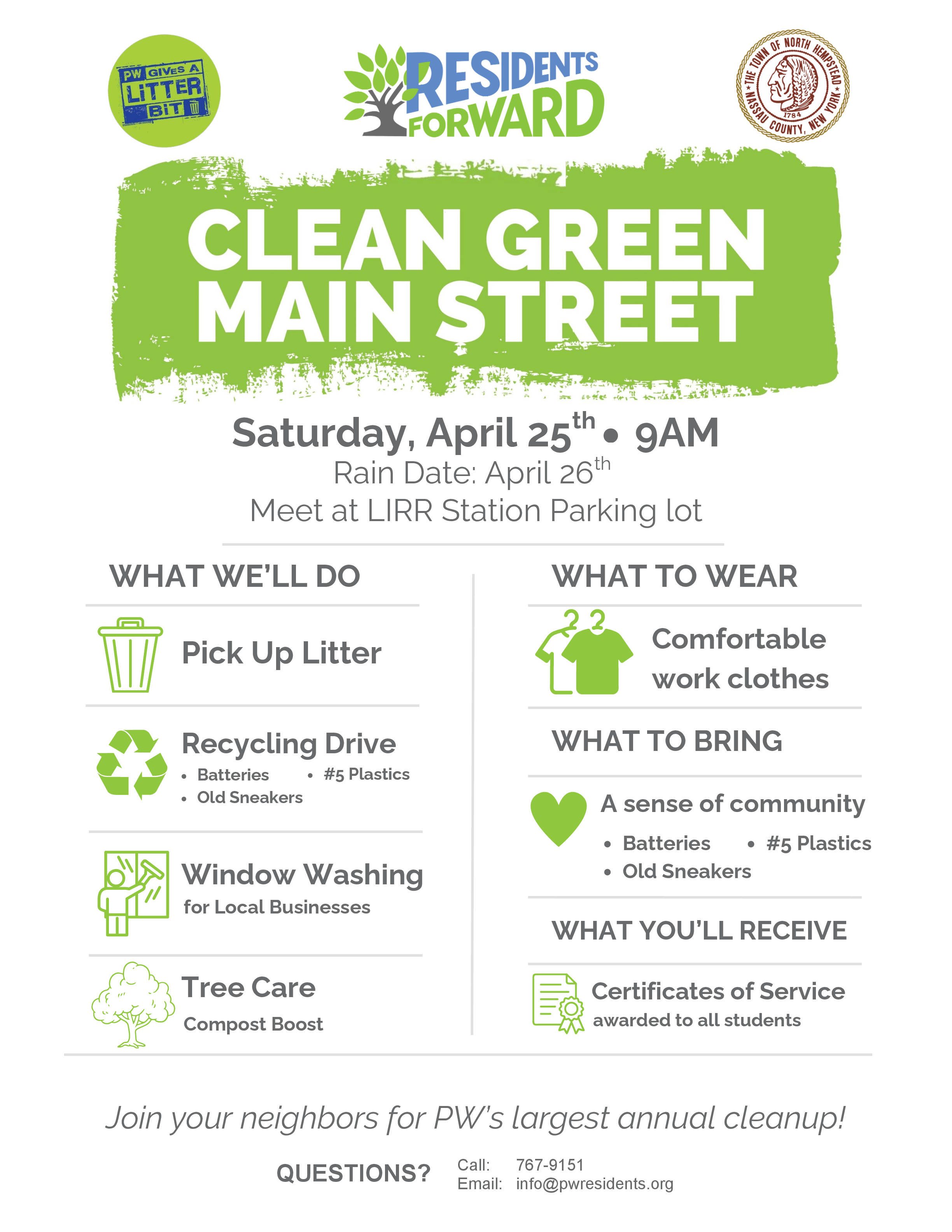 Flyer for a community event called Clean Green Main Street, scheduled for Saturday, April 25th at 9AM, rain date April 26th, meeting at LIRR station parking lot. The flyer includes a list of activities, attire recommendations, items to bring, and recipient benefits. The event is organized by Residents Forward with logos and contact information.