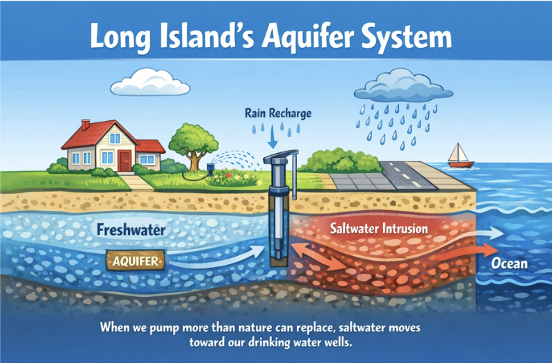 Diagram of Long Island's aquifer system showing freshwater in an underground aquifer, rain recharge, saltwater intrusion moving from the ocean into the aquifer, and a house on land. It explains how excessive groundwater pumping can cause saltwater to encroach into freshwater wells.