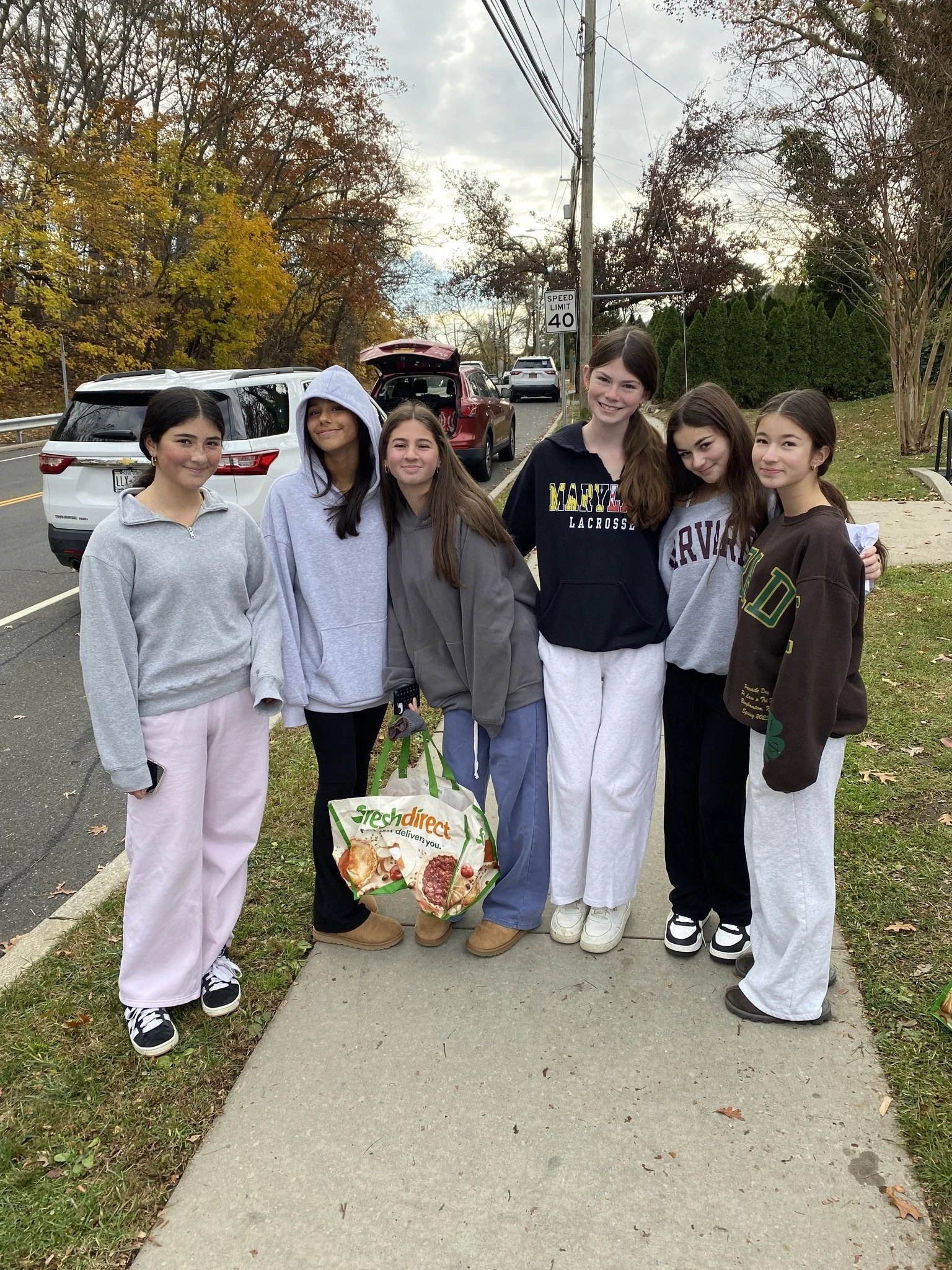 Six young girls standing on a sidewalk, smiling, with cars parked behind them and fall trees with colorful leaves in the background.