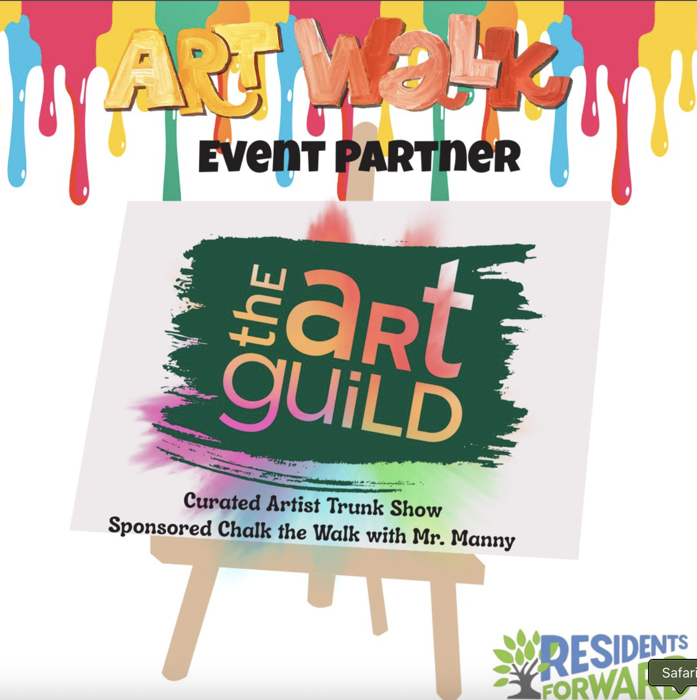 Colorful poster promoting an art event called 'The Art Guild' with drip paint background, featuring the title 'ART WALK' at the top, 'Event Partner' in black text, and details about the curated artist trunk show sponsored by 'Chalk the Walk' with Mr.