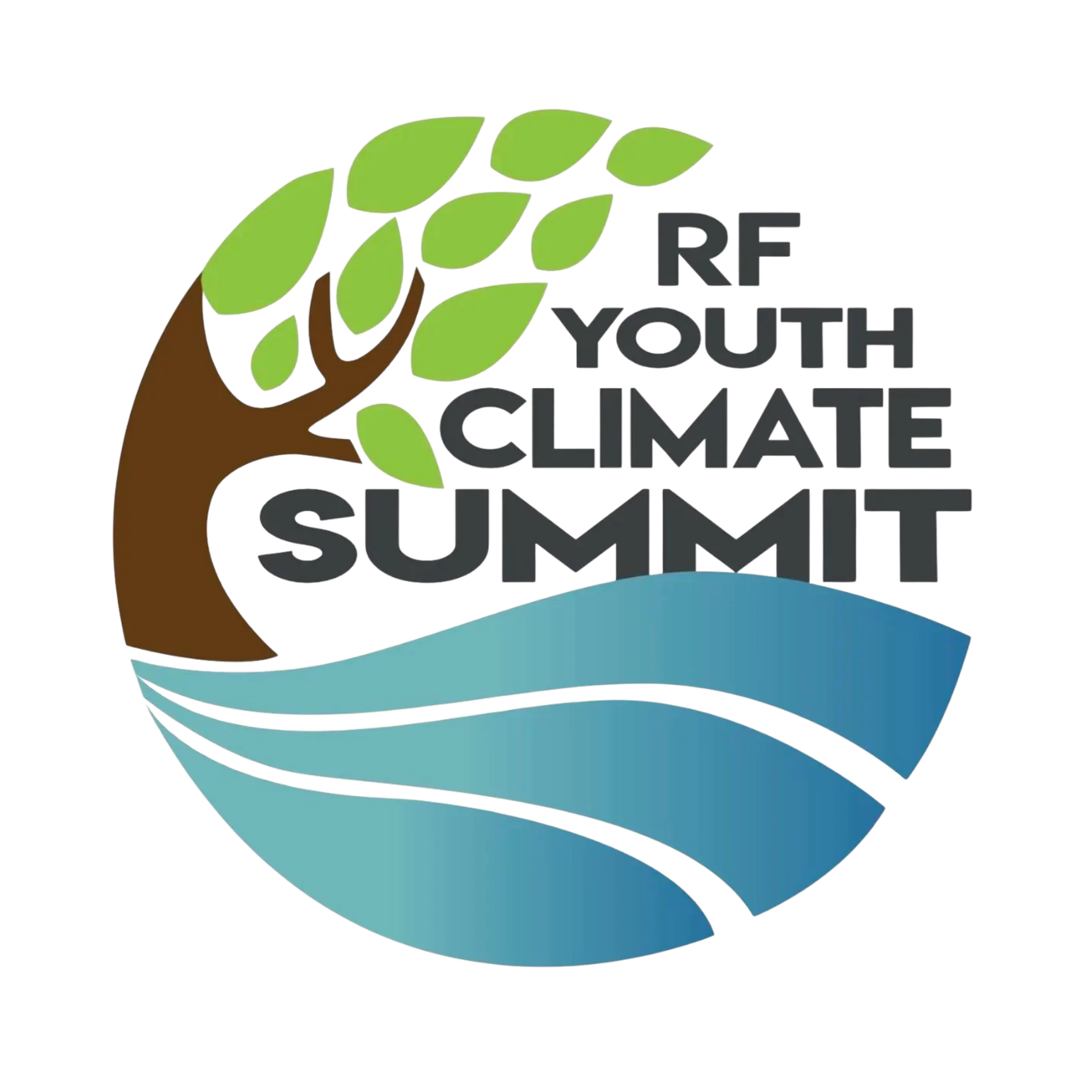 Logo for RF Youth Climate Summit featuring a tree with green leaves, a blue wave, and the text 'RF YOUTH CLIMATE SUMMIT'.