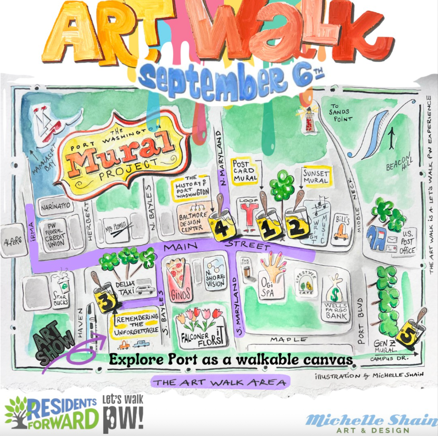 A colorful illustrated map of Port Washington, highlighting local murals, attractions, and landmarks. The map features murals such as Postcard Mural and Sunset Mural, a U.S. post office, art shops, cafes, and landmarks along Main Street, with icons l