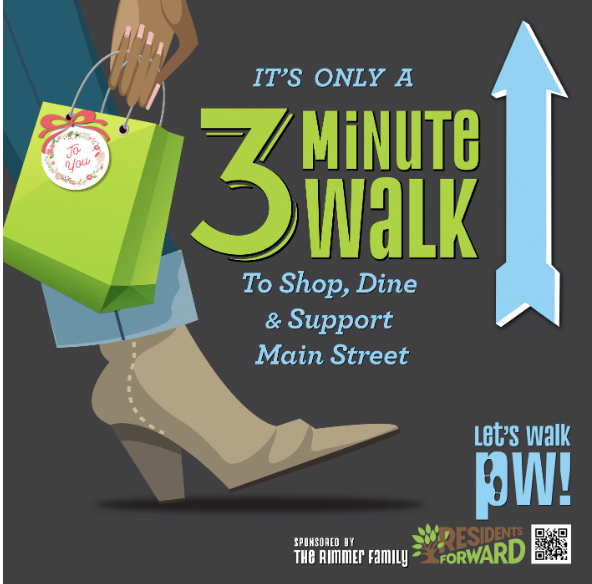 Graphic promoting a three-minute walk to shop, dine, and support Main Street, featuring a person walking with a green shopping bag, a large arrow pointing upward, and text encouraging the walk.