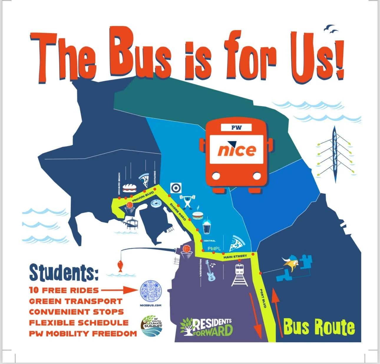 A colorful illustrated map advertising bus routes and features for students in a coastal town. The map highlights key locations like the beach, school, and main street, with icons of food, music, and transportation. A large bus with the word 'nice' a