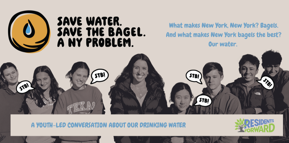 A group of young people and an adult, with speech bubbles saying "STB!", promoting water conservation. Text highlights the importance of saving water and water in bagels, with a logo for Residents Forward.