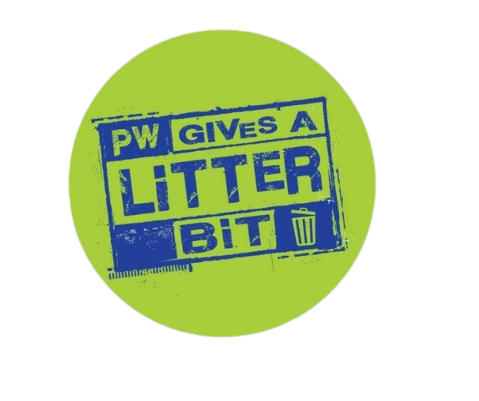 A circular badge with a green background and blue text that reads, 'PW GIVES A LITTER BIT' with a small trash bin icon.