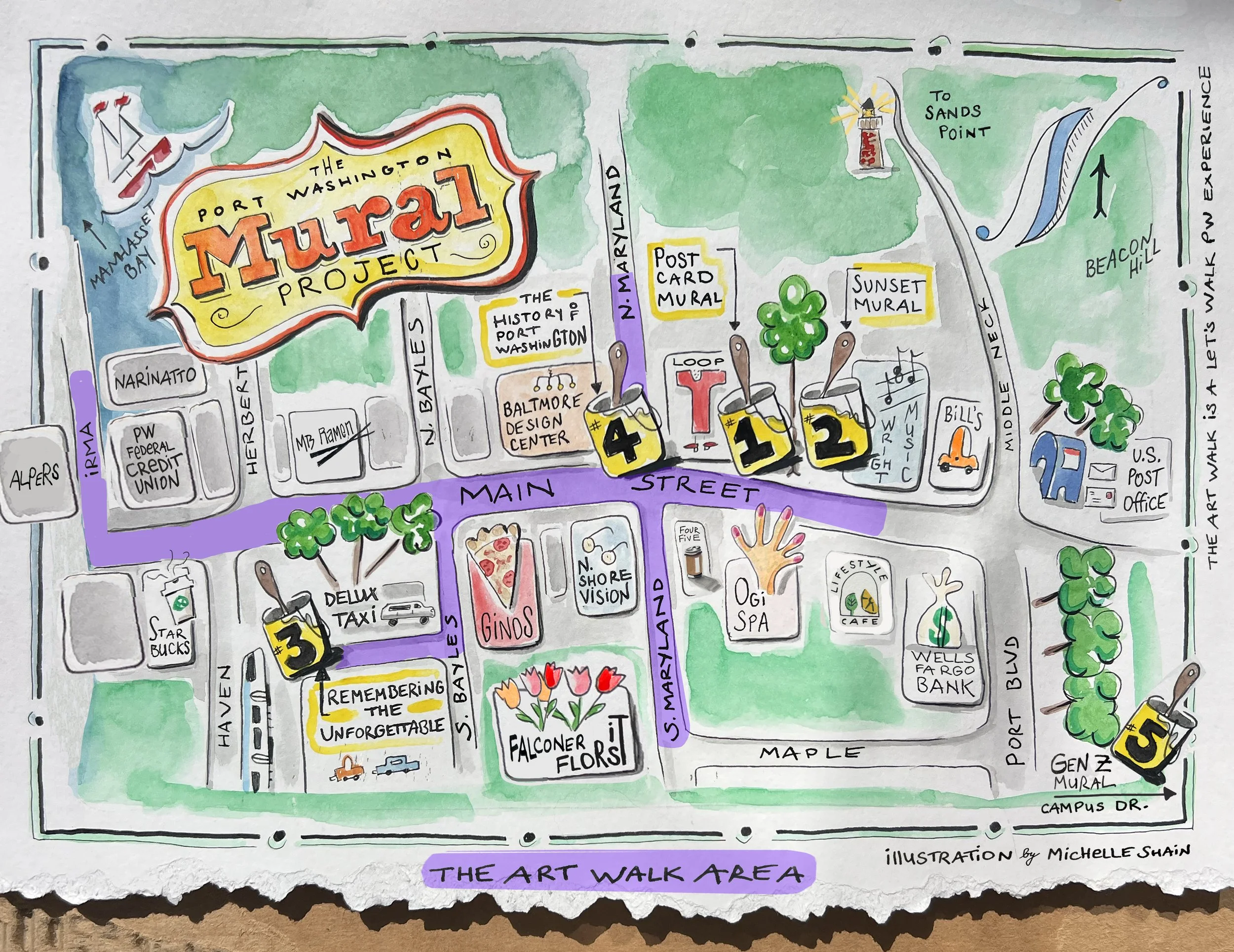 Colorful illustrated map of the Murals Project in Port Washington, displaying murals, streets, and landmarks like the U.S. Post Office, Baltimore Design Center, and historic sites, with numbered mural locations, trees, and various artwork descriptions.