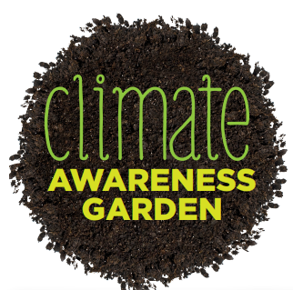 An infographic with a soil-like background and green text reading 'climate' and yellow text reading 'AWARENESS GARDEN'.