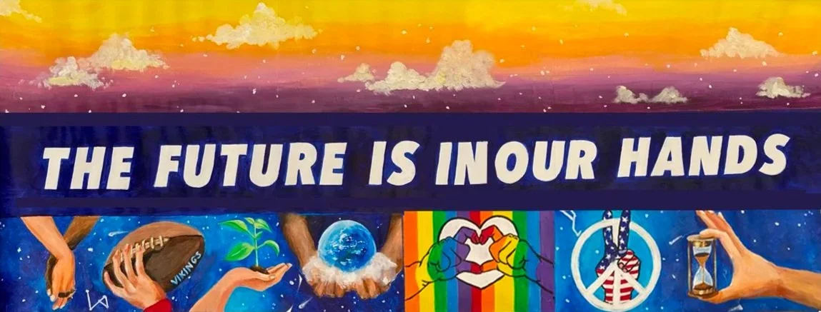 Colorful mural with clouds and sky background, reading 'The future is in our hands,' featuring symbols of teamwork, environmental sustainability, peace, and time.