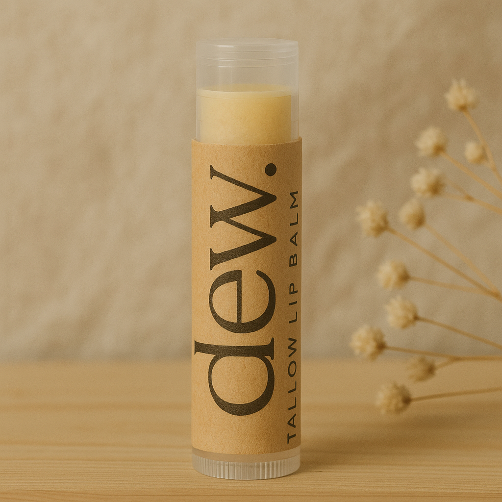 A tube of Lip Balm labeled 'Cew.' standing on a wooden surface with dried flowers to the right side and a neutral background.