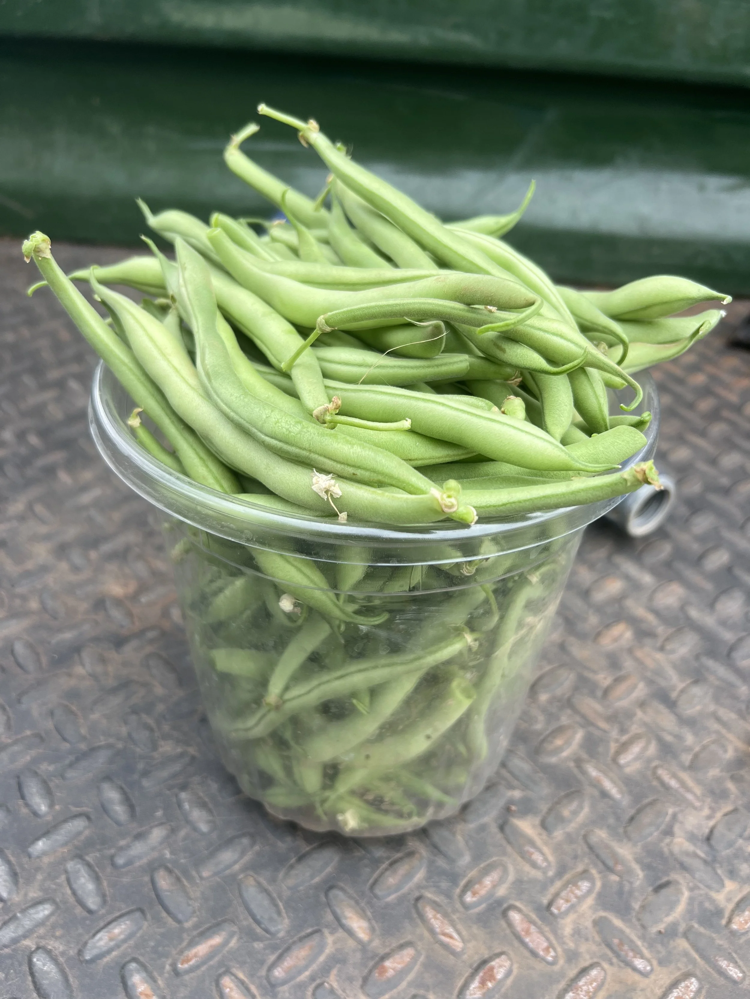 A plastic container filled with fresh green beans on a textured surface.