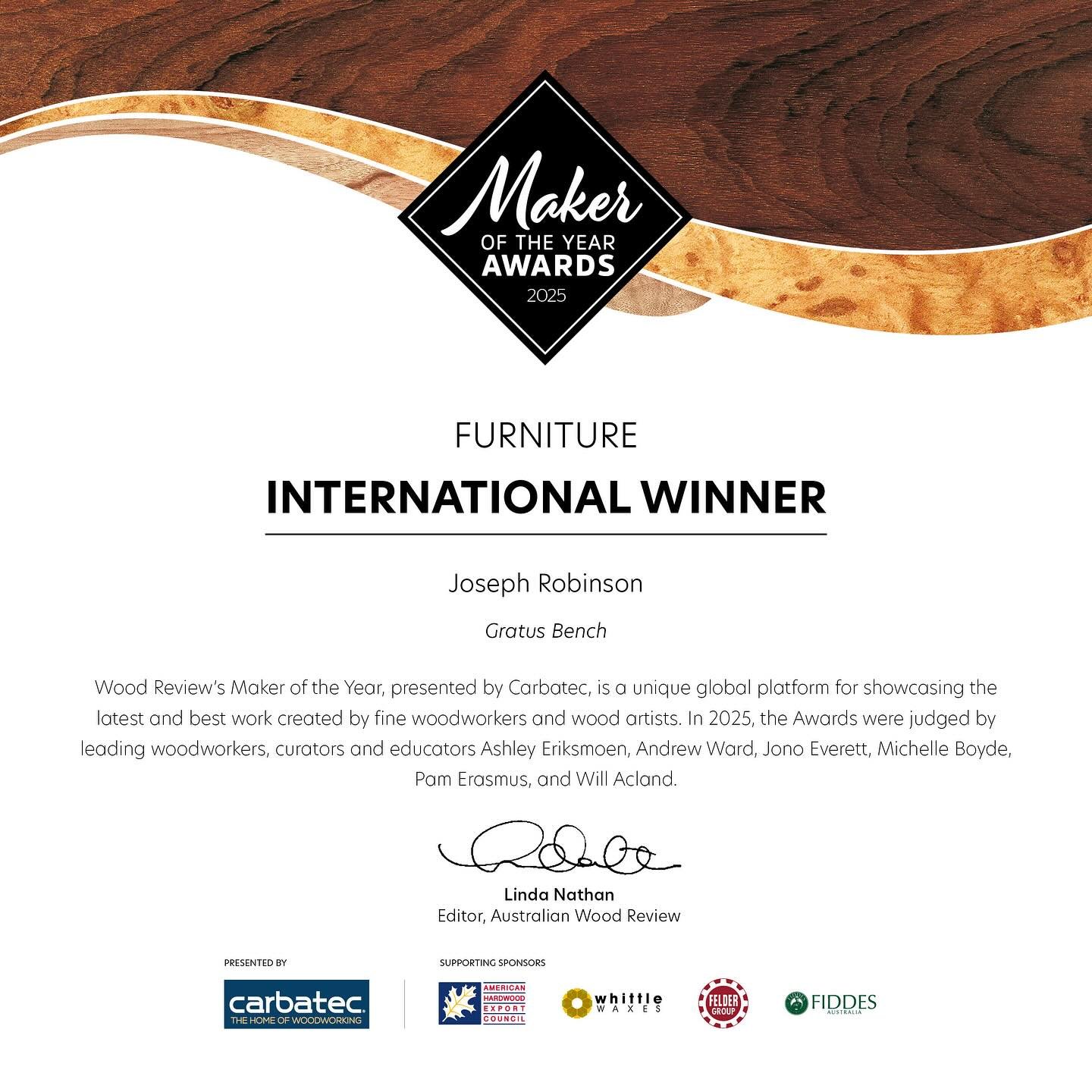 Wow! I am delighted to announce I have been awarded the International Maker of the Year for the furniture category!! Still letting that settle in. Grateful, humbled, and more inspired than ever! Thank you @woodreview @carbatec for the recognition and
