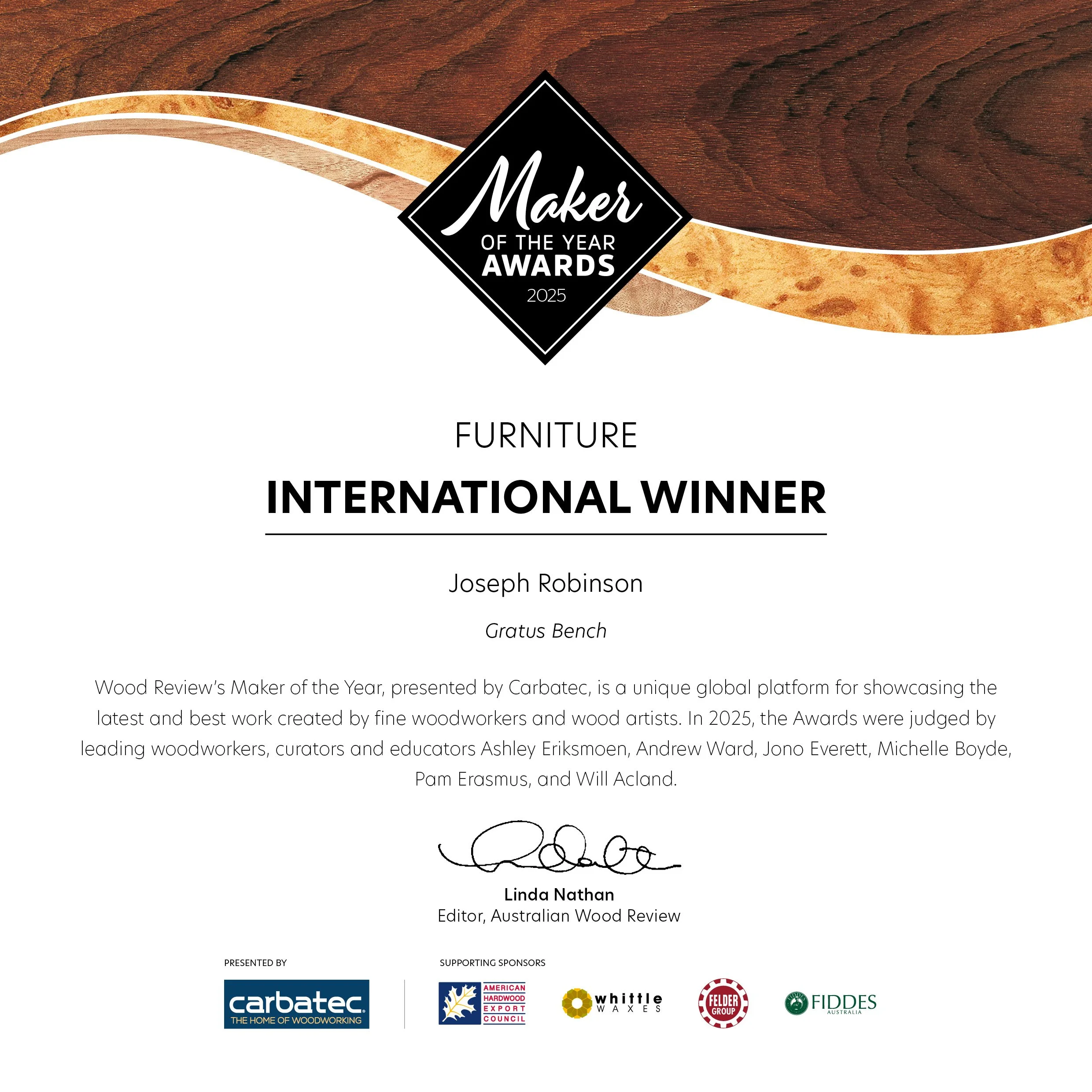 Australia Wood Review - Maker of the year awards 2025 - Furniture International Winner 