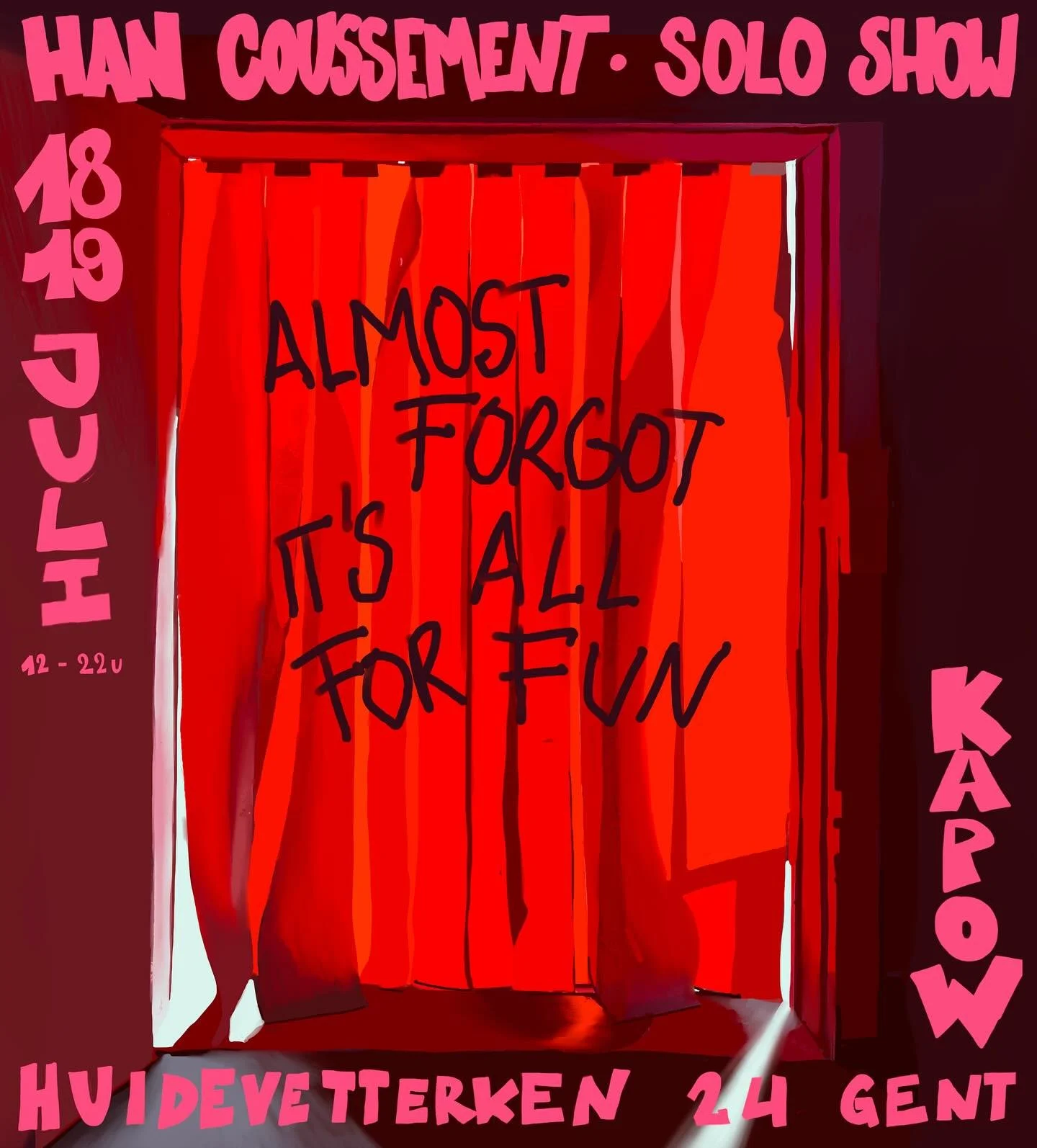 New week, new announcement! 

I&rsquo;m incredibly excited (and honestly a bit nervous) to invite you to my very first solo show. 

🗓 18 &amp; 19 July
📍 Kapow, Huidevetterken 24, Gent
🕛 12u &ndash; 22u

Most of you know me from my murals. I&rsquo;