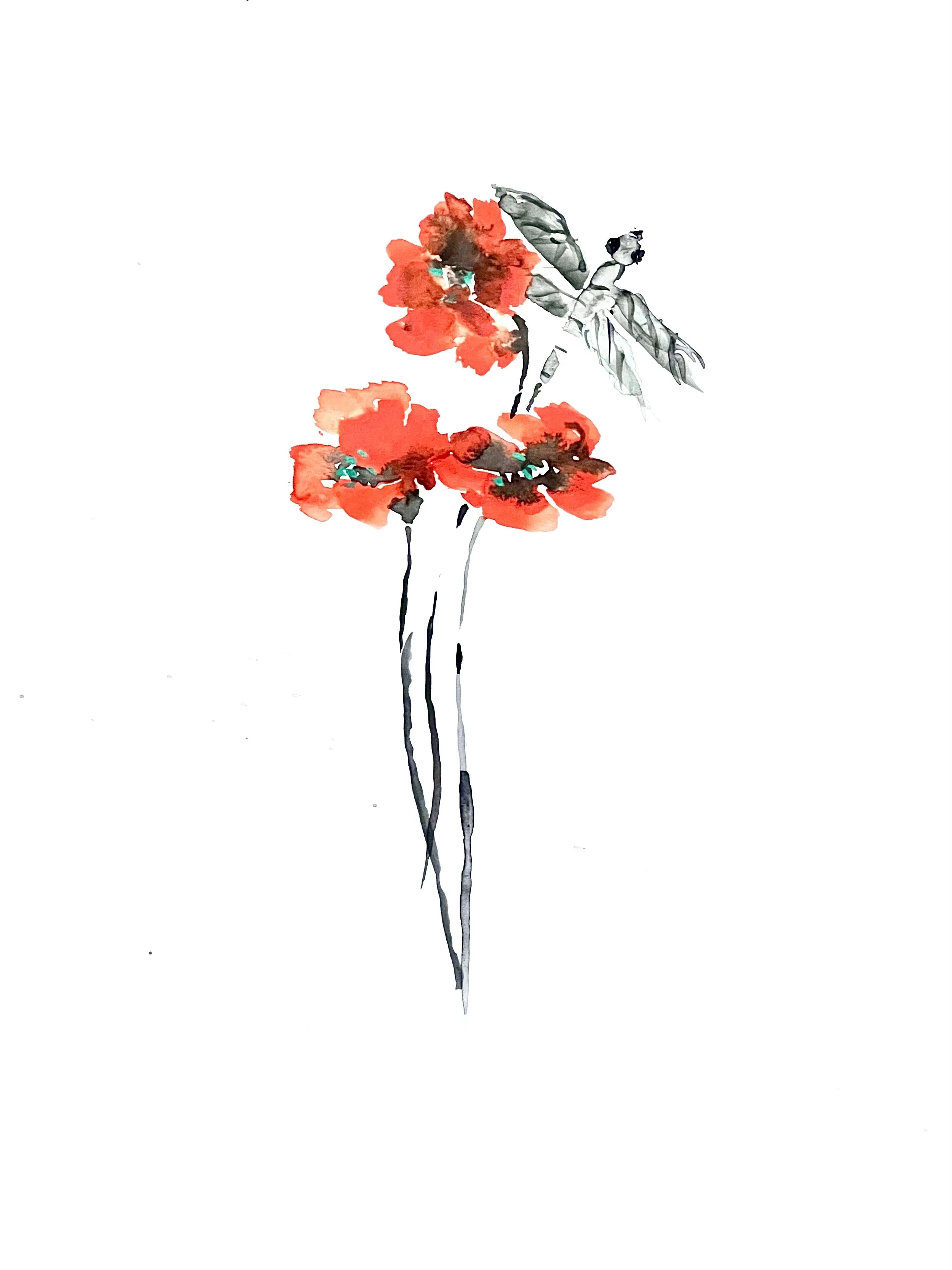 Dragon fly and Flower, 2022, Watercolor 