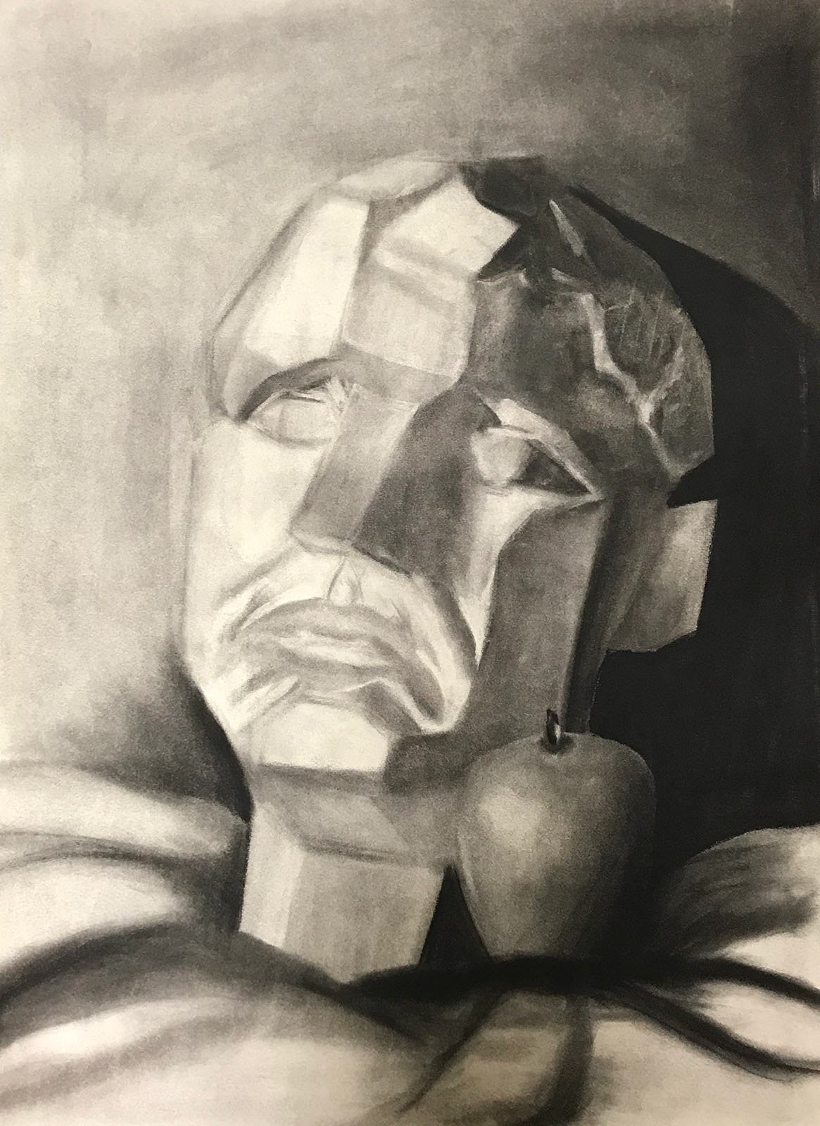 "Still Life with Geometric Head," charcoal on paper