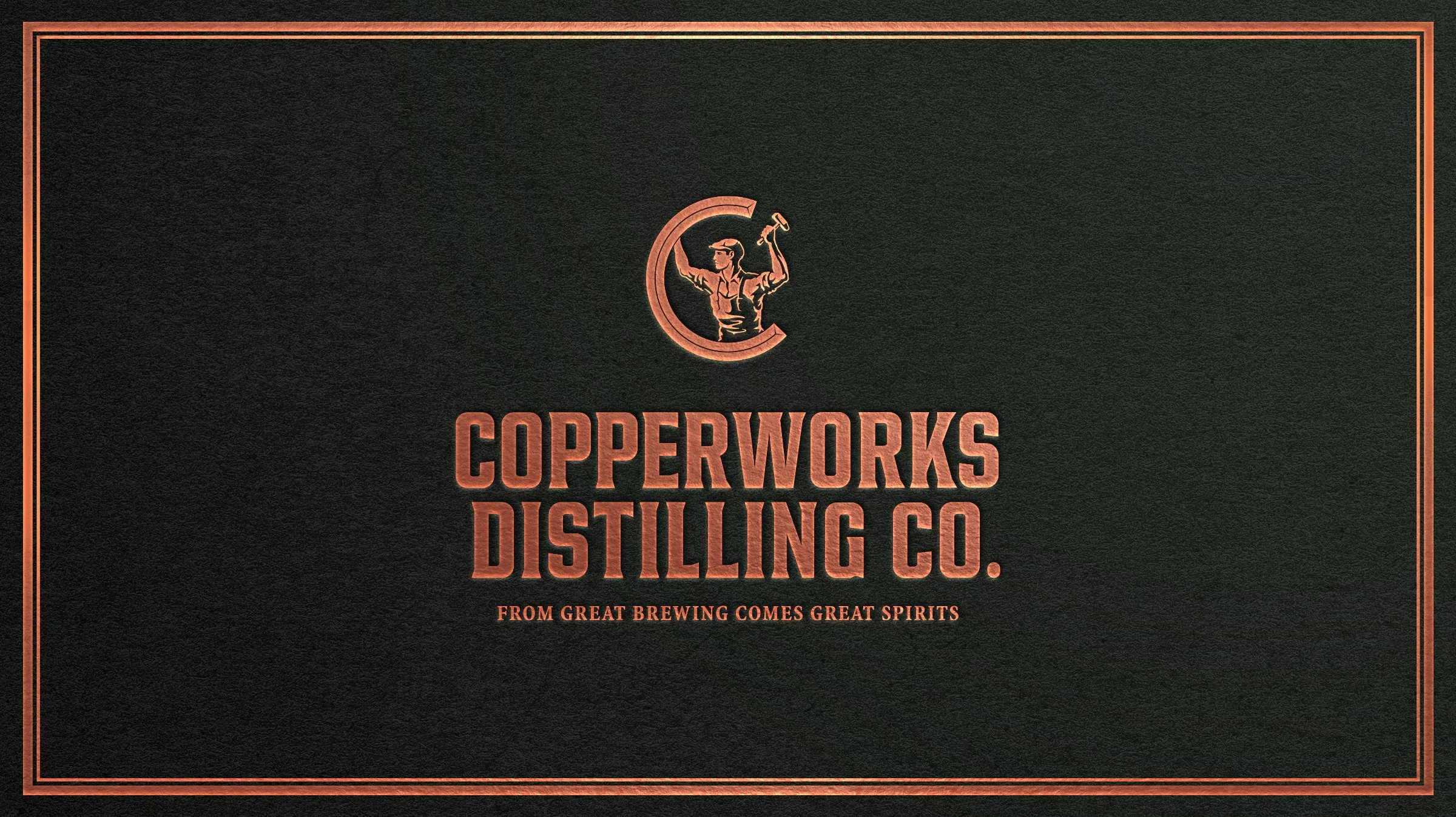 Copperworks Distilling Co. brand identity shown as copper foil stamped logo on textured black paper