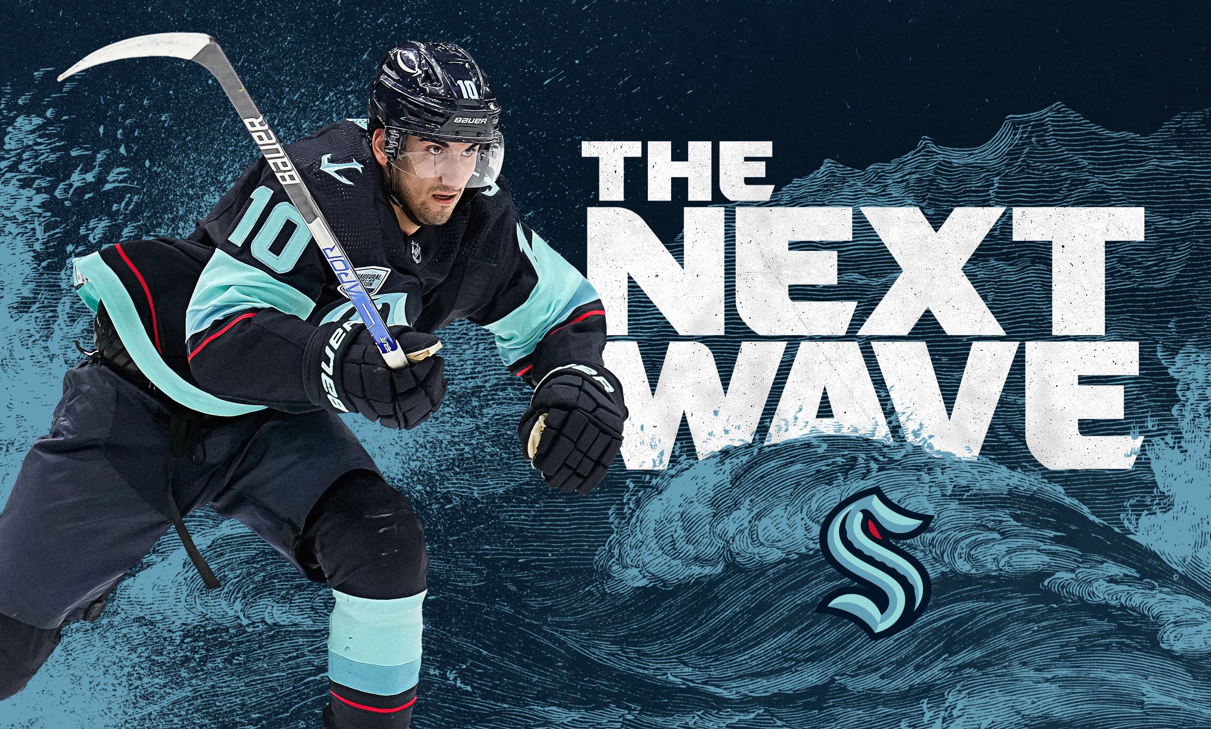 Seattle Kraken hockey campaign design featuring The Next Wave branding with player imagery and illustrated wave graphics
