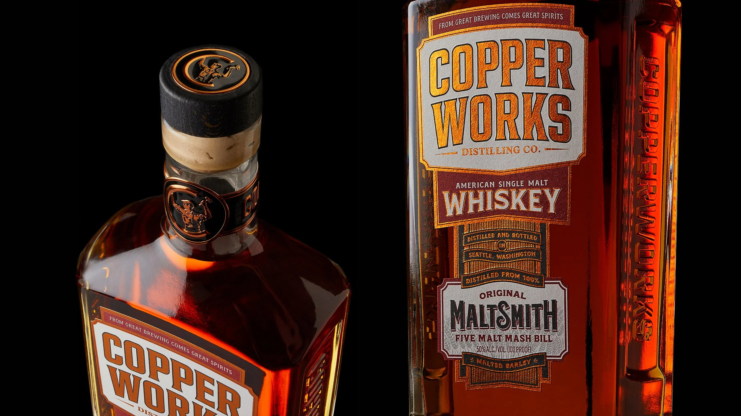 Copperworks Maltsmith American single malt whiskey bottle showing full packaging and label design