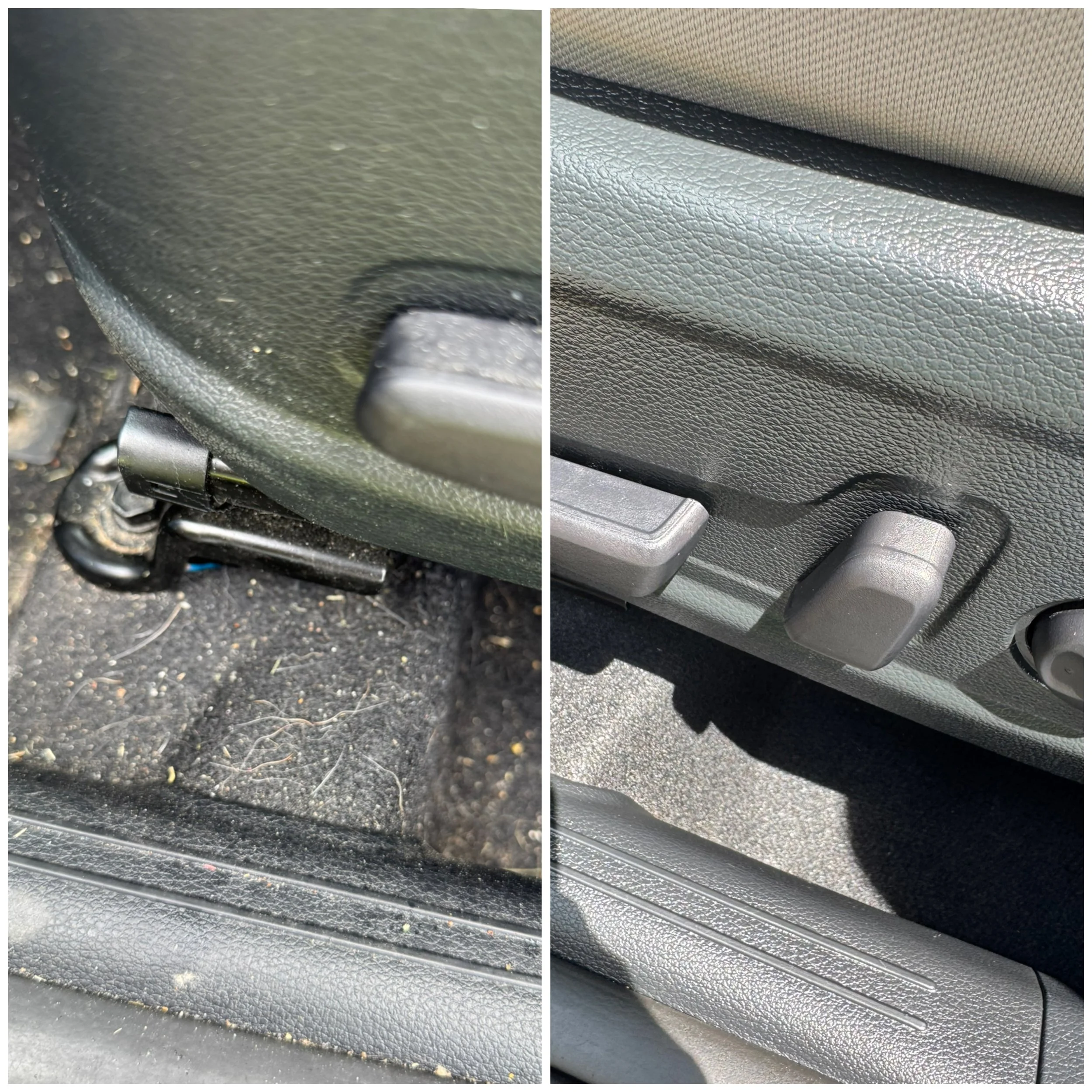 Close-up of the lower part of a car seat showing the difference in wear and cleanliness, with the left side appearing dirtier and more worn, and the right side cleaner and less worn.