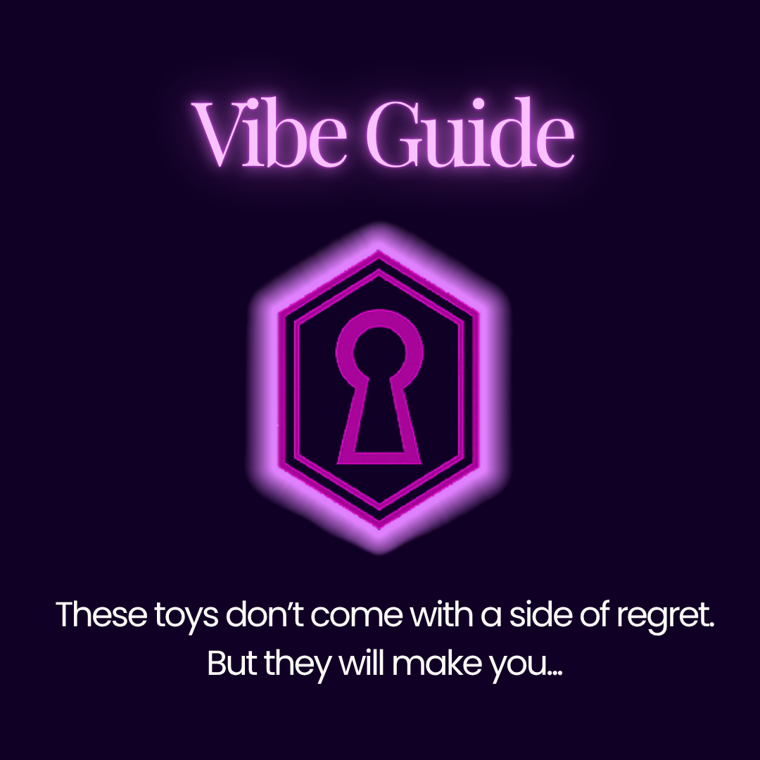 Neon purple keyhole logo with the text 'Vibe Guide', and a caption that reads 'These toys don’t come with a side of regret. But they will make you...'
