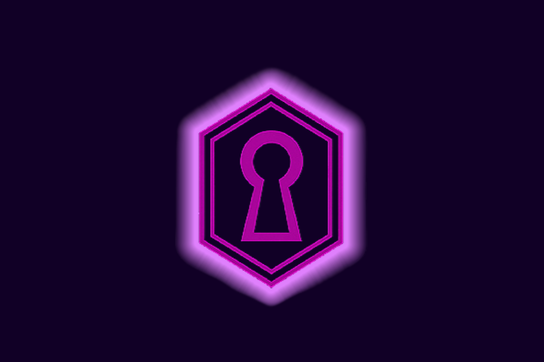 Neon purple keyhole logo glowing against dark background.