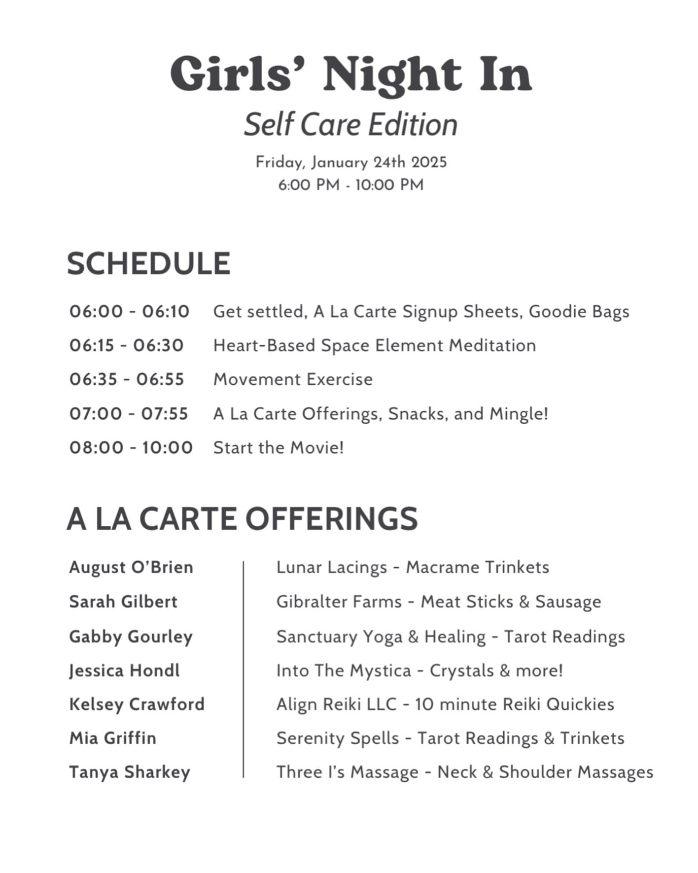 ✨Girls&rsquo; Night In✨

Here&rsquo;s the schedule ladies! See you tomorrow night!
#girls #night #girlsnight #girlsnightin #justthegirls #noboys #allowed #noboysallowed #selfcare #2025