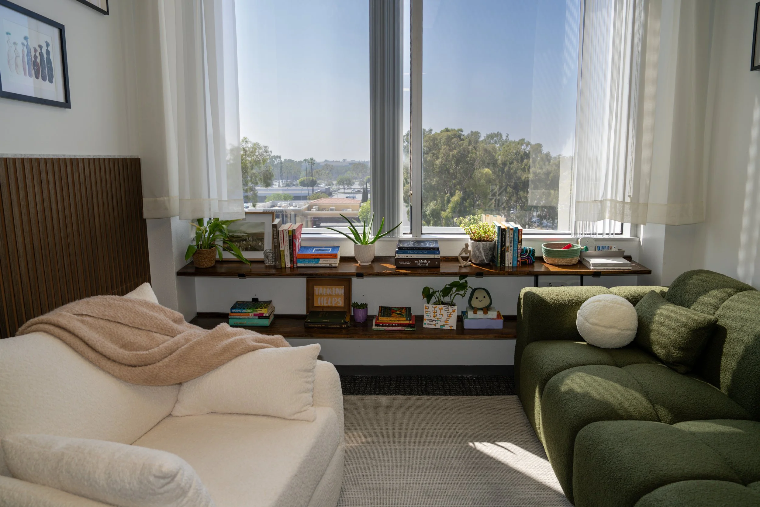 Living room with a white sofa, green armchair, bookshelf, and large window with outdoor view.