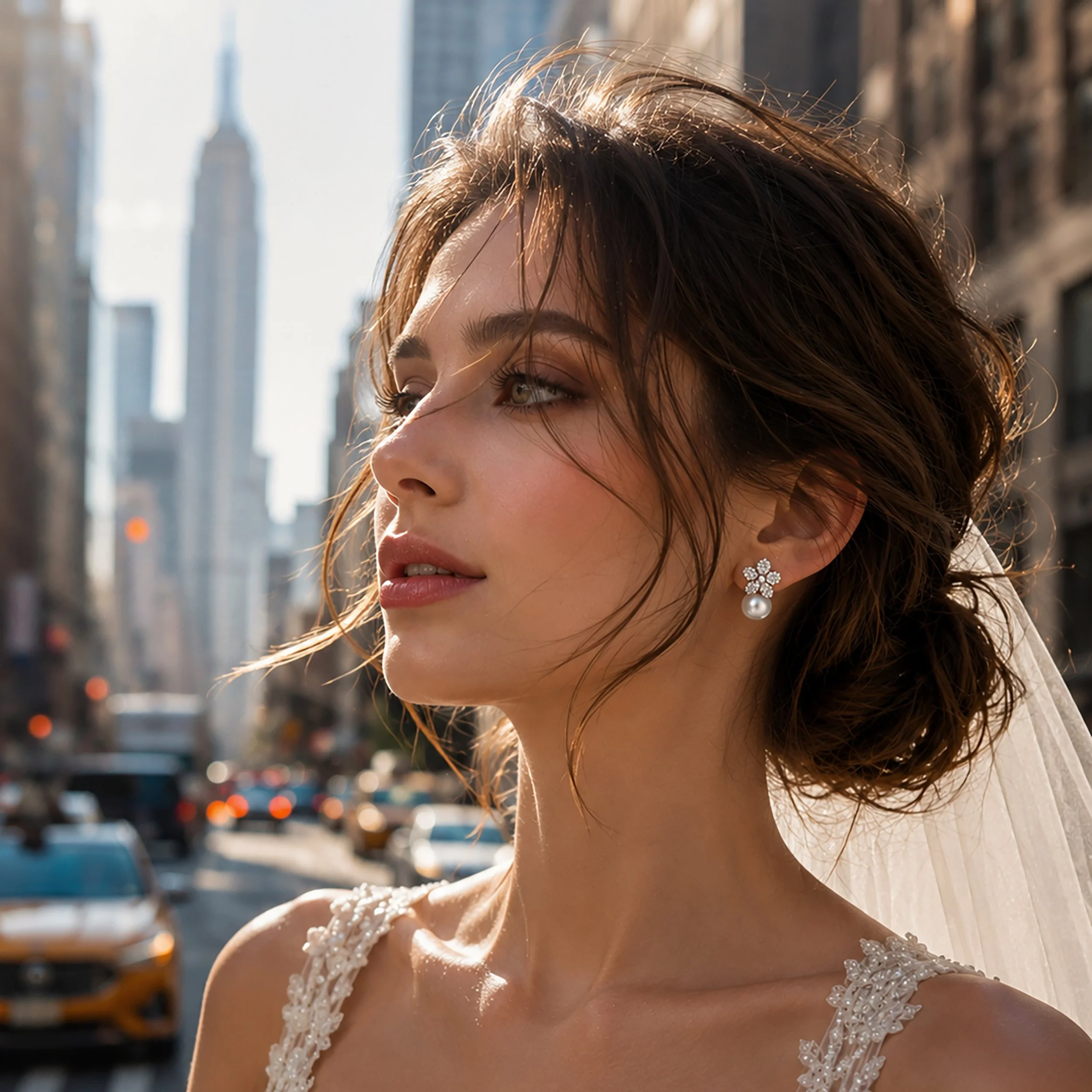Bride wearing Camellia Pearl Earrings by VicStoneNYC in a romantic New York wedding-inspired portrait