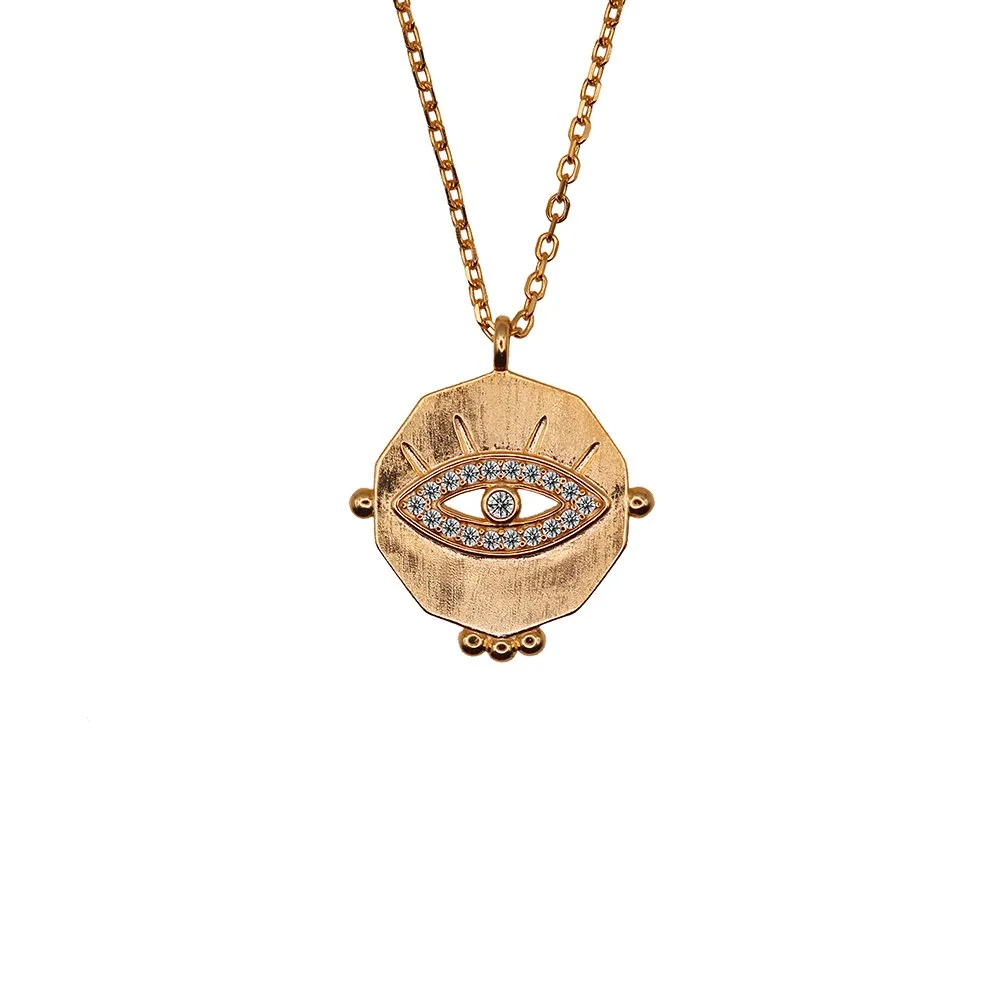 Handmade 14K gold Evil Eye necklace with natural diamond, symbolizing protection, luck, and guidance